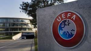 epa08300459 (FILE) - The UEFA logo on display next to the entrance of the UEFA Headquarters in Nyon, Switzerland, 06 April 2016 (re-issued on 17 March 2020). The UEFA EURO 2020 has been postponed to 2021 amid the coronavirus COVID-19 pandemic, the Norwegian Football Association (NFF) announced on 17 March 2020.  EPA/JEAN-CHRISTOPHE BOTT *** Local Caption *** 52687192