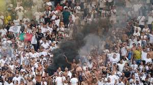 Vitoria de Guimaraes supporters cheer during their UEFA Europa Conference League qualification soccer match against Hajduk Split, held at D. Afonso Henriques stadium, in Guimaraes, Portugal, 10 August 2022. HUGO DELGADO/LUSA