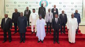 epa10793176 The President of Nigeria Bola Ahmed Tinubu, (C), and leaders of the Economic Community of West African States (Ecowas) meet to discuss the political situation in Niger, in Abuja, Nigeria, 10 August 2023. Two weeks have passed since democratically elected Niger President Mohamed Bazoum, was ousted in a coup led by General Abdourahmane Tchiani, head of the presidential guard.  EPA/STR