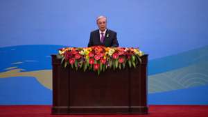 epa10924983 Kazakhstan's President Kassym-Jomart Tokayev speaks during the opening ceremony of the Third Belt and Road Forum for International Cooperation at the Great Hall of the People in Beijing, China, 18 October 2023.  EPA/ANDRES MARTINEZ CASARES
