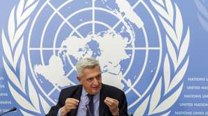 epa10687040 Filippo Grandi, UN High Commissioner for Refugees, talks to the media during a new press conference, at the European headquarters of the United Nations in Geneva, Switzerland, 12 June 2023.  EPA/SALVATORE DI NOLFI