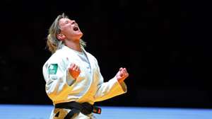 Telma Monteiro of Portugal celebrates as she wins the gold medal against Kaja Kajzer of Slovenia during the final match in the woman's -57kg category at the European Judo Championships in Lisbon, Portugal, 16 April 2021. NUNO VEIGA/LUSA
