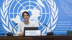 epa10708034 UN Special Rapporteur on violence against women and girls (OHCHR) Reem Alsalem speaks about the engagement on global issues pertaining to violence against women and girls, including child custody issues and violence against women during a press conference at the European headquarters of the United Nations in Geneva, Switzerland, 23 June 2023.  EPA/MARTIAL TREZZINI