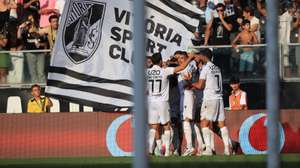 Vitoria&#039;s players celebrate a goal against Zrinjski Mostar during the UEFA Conference League play-off soccer match between Vitoria Sport Clube and Zrinjski Mostar, at D. Afonso Henriques stadium, in Guimaraes, Portugal, 21 August 2024. ESTELA SILVA/LUSA