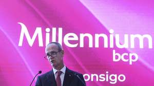 O presidente da Comissão Executiva e vice-presidente do Conselho de Administração do Banco Comercial Português (Millennium bcp), Miguel Maya, durante a apresentação dos resultados dos primeiros 9 meses de 2024 da instituição bancária na sede em Oeiras, 30 de outubro de 2024. TIAGO PETINGA/LUSA