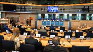 epa11906770 Polish Finance Minister and Economic and Financial Affairs Council (ECOFIN) President Andrzej Domanski (2-R, back) speaks during an Economic Dialogue with the Committee on Economic and Monetary Affairs (ECON) at the European Parliament, in Brussels, Belgium, 19 February 2025. Domanski will outline the priorities of the Polish presidency of the EU Council on economic governance, financial services and taxation.  EPA/OLIVIER MATTHYS