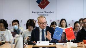 epa12383854 European Chamber President Jens Eskelund speaks at a press conference in Beijing, China, 17 September 2025, where the European Chamber launched its report, European Business in China Position Paper 2025/2026.  EPA/JESSICA LEE