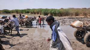 epa11898824 Sudanese refugees wait their turn to get drinking water from a muddy pond in Gerbana, a village 22km from the Sudanese border, South Sudan, 13 February 2025 (issued on 15 February 2025), as  water shortages and diseases resulting from contaminated water have become the community's main complaint. About 110,000 people have arrived in Renk County since December 2024, according to MSF, with 70,000 living in informal settlements such as Gerbana and Atham. There are 975,079 Sudanese refugees in South Sudan, according to UNHCR.  EPA/DIEGO MENJIBAR