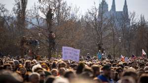epa12839247 Crowds gather at Letna Plain for the 'We Will Not Let Our Future Be Stolen' anti-government demonstration, in Prague, Czech Republic, 21 March 2026. According to the organizers Million Moments for Democracy, the mass protest drew hundreds of thousands to defend democratic values and civic engagement while pushing back against media pressure, defense cuts, and the erosion of state institutions.  EPA/MARTIN DIVISEK