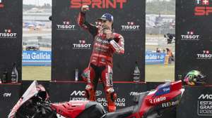 epa12913305 First placed Ducati Lenovo rider Marc Marquez of Spain poses after the MotoGP Sprint race ahead of the Motorcycling Grand Prix of Spain at Angel Nieto circuit in Jerez de la Frontera, Spain, 25 April 2026. The Motorcycling Grand Prix of Spain takes place on 26 April 2026.  EPA/Jose Manuel Vidal