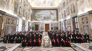 epa13008878 A handout picture provided by the Vatican Media shows shows Pope Leo XIV during his audience with participants in the General Assembly of the Pontifical Mission Societies in Vatican City, 01 June 2026.  EPA/VATICAN MEDIA HANDOUT  HANDOUT EDITORIAL USE ONLY/NO SALES