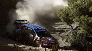 epa13070379 France's Sebastien Ogier and his co-driver Vincent Landais drive their Toyota GR Yaris Rally1,  at SS14 Aghii Theodori 1, as part of the World Rally Championship (WRC), in Aghii Theodori , Peloponnese, Greece, 28 June 2026. World Rally Championship (WRC) takes place from 25-28 June 2026 in Greece.  EPA/VASSILIS PSOMAS