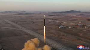 epa10527797 A photo released by the official North Korean Central News Agency (KCNA) shows an Intercontinental ballistic missile (ICBM), identified by the agency as a Hwasongpho-17, launched in a drill by the North Korean military at Pyongyang International Airport, in Pyongyang, North Korea, 16 March 2023 (issued 17 March 2023). According to KCNA, the launching drill of an Hwasong-17 intercontinental ballistic missile (ICBM) was conducted to give 'a stronger warning' against US and South Korea joint military exercises.  EPA/KCNA   EDITORIAL USE ONLY