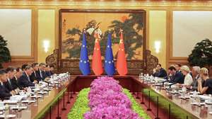 epa12257951 President of the European Council, Antonio Costa (2 R) speaks during the opening meeting of  the 25th European Union - China Summit at the Great Hall of the People in Beijing, China, 24 July 2025.  EPA/ANDRES MARTINEZ CASARES / POOL