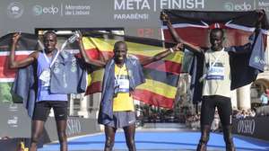 Martin Naibei Musau (C) from Uganda flanked by Kenian athlets Gilbert Kipkurui (L) second place,  and Chebon Kipkech wins the 41st edition of Lisbon marathon with the time of 2:08.07, between Oeiras, Cascais (outskirts of Lisbon) and Lisbon, 10 0ctober 2026. MANUEL DE ALMEIDA/LUSA
