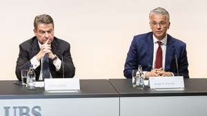 epa10548383 Newly appointed Group Chief Executive Officer of Swiss Bank UBS Sergio P. Ermotti (R) and UBS Chairman Colm Kelleher attend a news conference in Zurich, Switzerland, 29 March 2023. Following a UBS group's 19 March announcement regarding UBS's acquisition of Credit Suisse, the Board of Directors of UBS appointed Ermotti as Chief Executive Officer, effective 5 April 2023.  EPA/MICHAEL BUHOLZER