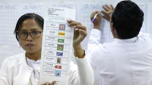 epaselect epa12615324 Myanmar electoral officers count early voting ballots after closing the first phase of the general election at a polling station in Naypyitaw, the capital city of Myanmar, 28 December 2025. Myanmar's military government holds its first national vote since the February 2021 coup in a multi-stage general election, with the first phase set for 28 December 2025, and the second for 11 January 2026. Over 50 political parties have registered to participate in the election, according to the Union Election Commission (UEC), while the main pro-democracy opposition, the National League for Democracy (NLD), has been dissolved since March 2023.  EPA/RUNGROJ YONGRIT