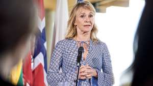 epa12062984 Iceland's Foreign Minister Thorgerdur Katrin Gunnarsdottir talks during a press conference after a meeting of foreign ministers from the Nordic-Baltic Eight (NB8) in Allinge, Bornholm, Denmark, 29 April 2025. The NB8 cooperation are the three Baltic countries Estonia, Latvia, and Lithuania as well as the five Nordic countries Iceland, Norway, Sweden, Finland, and Denmark.  EPA/Thomas Traasdahl  DENMARK OUT