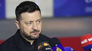 epa12909709 President of Ukraine Volodymyr Zelensky speaks to the media during the informal meeting of EU Heads of State or Government in Agia Napa, Cyprus, 23 April 2026. EU leaders are expected to address current geopolitical developments and Europe's response to them.  EPA/GEORGE CHRISTOFOROU