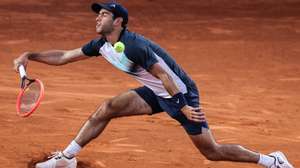 Nuno Borges from Portugal in action against Quentin Halys from France in the Round of 32 at the Estoril Open tennis tournament in Estoril, Portugal, 04 April 2023. MIGUEL A. LOPES/LUSA