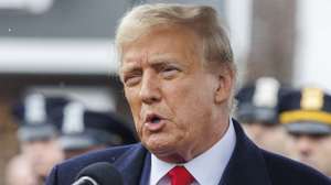 epa11248589 Former U.S. President Donald Trump speaks to the press after attending the wake of slain New York City Police Department officer Jonathan Diller in Massapequa, New York, USA, 28 March 2024. Diller died at the hospital after he was shot during a routine traffic stop in Far Rockaway, Queens, New York City on Monday 25 March.  EPA/SARAH YENESEL