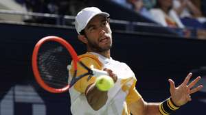 epa11580922 Nuno Borges of Portugal in action during his Men Singles Round of 16 match against Daniil Medvedev of Russia at the US Open tennis championships in Flushing Meadows, New York, USA, 02 September 2024.  EPA/CJ GUNTHER