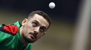epa11668505 Marcos Freitas of Portugal in action during the Men’s Single Round of 16 match Dimitrij Ovtcharov of Germany at the Table Tennis European Championships in Linz, Austria, 19 October 2024.  EPA/ANNA SZILAGYI