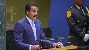 epa12400262 Emir of Qatar, Tamim bin Hamad Al Thani (L) speaks during the General Debate of the 80th session of the United Nations General Assembly (UNGA) at the United Nations headquarters in New York, New York, USA, 23 September 2025.  EPA/SARAH YENESEL