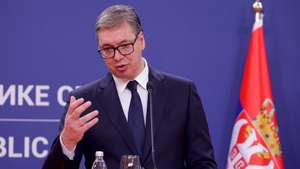 epa11728765 Serbian President Aleksandar Vucic attends a joint press conference with the Kazakh president following their meeting in Belgrade, Serbia, 19 November 2024. The Kazakh president is on an official state visit to Serbia.  EPA/ANDREJ CUKIC
