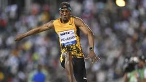 epa10611088 Pedro Pichardo of Portugal competes in the Triple Jump Men final at the Doha Diamond League athletics meeting at Qatar Sports Club in Doha, Qatar, 05 May 2023  EPA/NOUSHAD THEKKAYIL