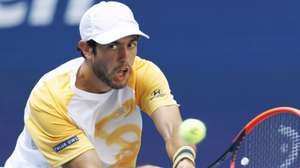 epa11580919 Nuno Borges of Portugal in action during his Men Singles Round of 16 match against Daniil Medvedev of Russia at the US Open tennis championships in Flushing Meadows, New York, USA, 02 September 2024.  EPA/CJ GUNTHER