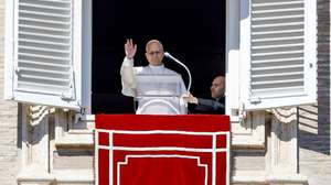 epa12768102 Pope Leo XIV leads the Angelus prayer from the window of his office overlooking Saint Peter's Square, in Vatican City, 22 February 2026.  EPA/FABIO FRUSTACI