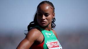 epa13160950 Fatoumata Binta Diallo of Portugal during the Women's 400m hurdles semifinals at the European Athletics Championships Birmingham 2026, Birmingham, Britain, 11 August 2026.  EPA/ADAM VAUGHAN
