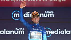 epa13002926 Italian cyclist Giulio Ciccone of Lidl Trek team wearing the best climber's blue jersey poses on the podium after the 19th stage of the 109 Giro d'Italia 2026, over 151 km from Feltre to Alleghe, Italy, 29 May 2026.  EPA/LUCA ZENNARO