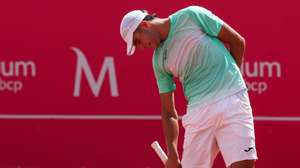 Portuguese tennis player Jaime Faria reacts during the match played against Spanish opponent David Jorda Sanchis on the third day of the Estoril Open, on the outskirts of Lisbon, Portugal, 03 April 2024. TIAGO PETINGA/LUSA