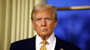 epa11762858 US President-elect Donald Trump attends a meeting with French President Emmanuel Macron (not pictured) at the Elysee Palace, as part of ceremonies marking the reopening of the Notre Dame de Paris cathedral, in Paris, France, 07 December 2024. The Notre Dame de Paris Cathedral reopens on 07 December after nearly six years of renovation work following its destruction by a fire on 15 April 2019.  EPA/SARAH MEYSSONNIER / POOL  MAXPPP OUT