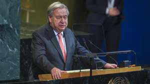 epa12397780 UN Secretary-General Antonio Guterres speaks during the high-level meeting to commemorate the 80th anniversary of the United Nations, at UN headquarters in New York, New York, USA, 22 September 2025. The UN General Assembly's high-level week runs until 29 September.  EPA/SARAH YENESEL