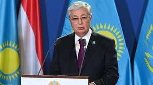 epa11731653 Kazakh President Kassym-Jomart Tokayev speaks during his joint press conference with Hungarian Prime Minister Viktor Orban (not pictured) at the Prime Minister's office, the former Carmelite Monastery in Budapest, Hungary, 20 November 2024.  EPA/ZOLTAN MATHE HUNGARY OUT