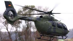 epa11727135 A H145M helicopter with German Defense Minister Boris Pistorius on board at the Airbus helicopter factory in Donauwoerth, Germany, 18 November 2024. In December 2023, the German Army Bundeswehr and Airbus Helicopters signed a contract for the purchase of up to 82 H145M multi-role helicopters (62 firm orders plus 20 options).  EPA/ANNA SZILAGYI