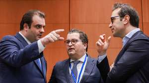 epa12807165 (L-R) Greek Finance Minister and President of the Eurogroup Kyriakos Pierrakakis, Portuguese Finance Minister Joaquim Miranda Sarmento, and Spanish Minister of Economy Carlos Cuerpo attend a Eurogroup finance ministers meeting in Brussels, Belgium, 09 March 2026. Ministers were to discuss macroeconomic developments in the euro area, assess the Belgian draft budgetary plan for 2026, and discuss energy prices and the potential impact of Middle East tensions on the euro area economy.  EPA/OLIVIER HOSLET