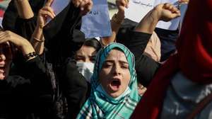 epa13192093 (FILE) - Afghan women shout slogans during a protest to demand that the Taliban government allow the reopening of girls schools and to provide ample employment opportunities, in Kabul, Afghanistan, 21 October 2021 (reissued on 26 August 2026) USA military withdrawal from Afghanistan ended on 30 August 2021. Its final weeks were overshadowed by the Taliban’s rapid takeover, chaotic evacuation scenes at Kabul airport, and widespread political controversy about the way USA and allied forces evacuated citizens, partners, and vulnerable Afghans. An ISIS-K suicide bombing at Abbey Gate on 26 August killed 13 USA service members and more than 170 Afghan civilians, intensifying the crisis surrounding the evacuation.  EPA/Stringer *** Local Caption *** 57245120