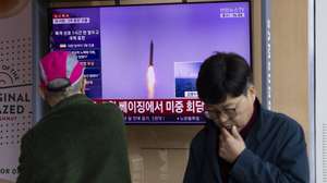 epa12874523 People watch the news of North Korea at a station in Seoul, South Korea, 08 April 2026. According to South Korea's Joint Chiefs of Staff (JCS), North Korea launched several ballistic missiles into the East Sea on 08 April.  EPA/JEON HEON-KYUN