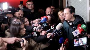 epa11885265 Incumbent Prime Minister and leader of 'Vetevendosje' party, Albin Kurti (R) addresses the media after winning the parliamentary elections in Pristina, Kosovo, 09 February 2025. The Republic of Kosovo held the parliamentary elections with Kurti's party leading with 42 percent of the vote, a drop from the 50 percent Kurti received in 2021.  EPA/GEORGI LICOVSKI
