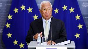 epa13193162 President of the European Council Antonio Costa attends a joint press conference with the Latvian prime minister after their meeting in Riga, Latvia, 26 August 2026. Antonio Costa is visiting EU leaders in their capitals on his annual 'Tour des Capitales.'  EPA/TOMS KALNINS