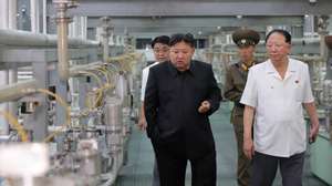 epa11601459 An undated photo released on 13 September 2024 by the official North Korean Central News Agency (KCNA) shows North Korean leader Kim Jong Un (L) inspecting the Nuclear Weapons Institute and the production base of weapon-grade nuclear materials at an undisclosed location in North Korea.  EPA/KCNA  EDITORIAL USE ONLY