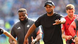 epa12109962 Munich Head coach Vincent Kompany celebrates after the German Bundesliga soccer match between TSG Hoffenheim and FC Bayern Munich, in Sinsheim, Germany, 17 May 2025.  EPA/ANNA SZILAGYI CONDITIONS - ATTENTION: The DFL regulations prohibit any use of photographs as image sequences and/or quasi-video.