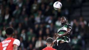 Sporting player Ousmane Diomande (R) in action during the Portuguese First League soccer match against Sporting de Braga held at Alvalade Stadium in Lisbon, Portugal, 07 April 2025. FILIPE AMORIM/LUSA