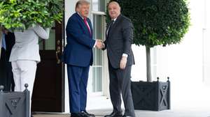 epa13125132 US President Donald J Trump (L) welcomes Lebanese President Joseph Aoun (R) upon his arrival at the West Wing Portico of the White House in Washington, DC, USA, 21 July 2026.  EPA/AARON SCHWARTZ / POOL