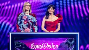 epa12111219 The hosts Hazel Brugger, left, and Sandra Studer perform during the final at the 69th Eurovision Song Contest in Basel, Switzerland, 17 May 2025.  EPA/GEORGIOS KEFALAS