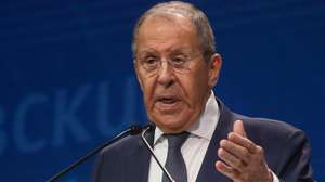 epa11438512 Russian Foreign Minister Sergei Lavrov delivers a speech at the 10th International Forum 'Primakov Readings - 2024' in Moscow, Russia, 26 June 2024. The Forum runs from 25 to 26 June.  EPA/MAXIM SHIPENKOV